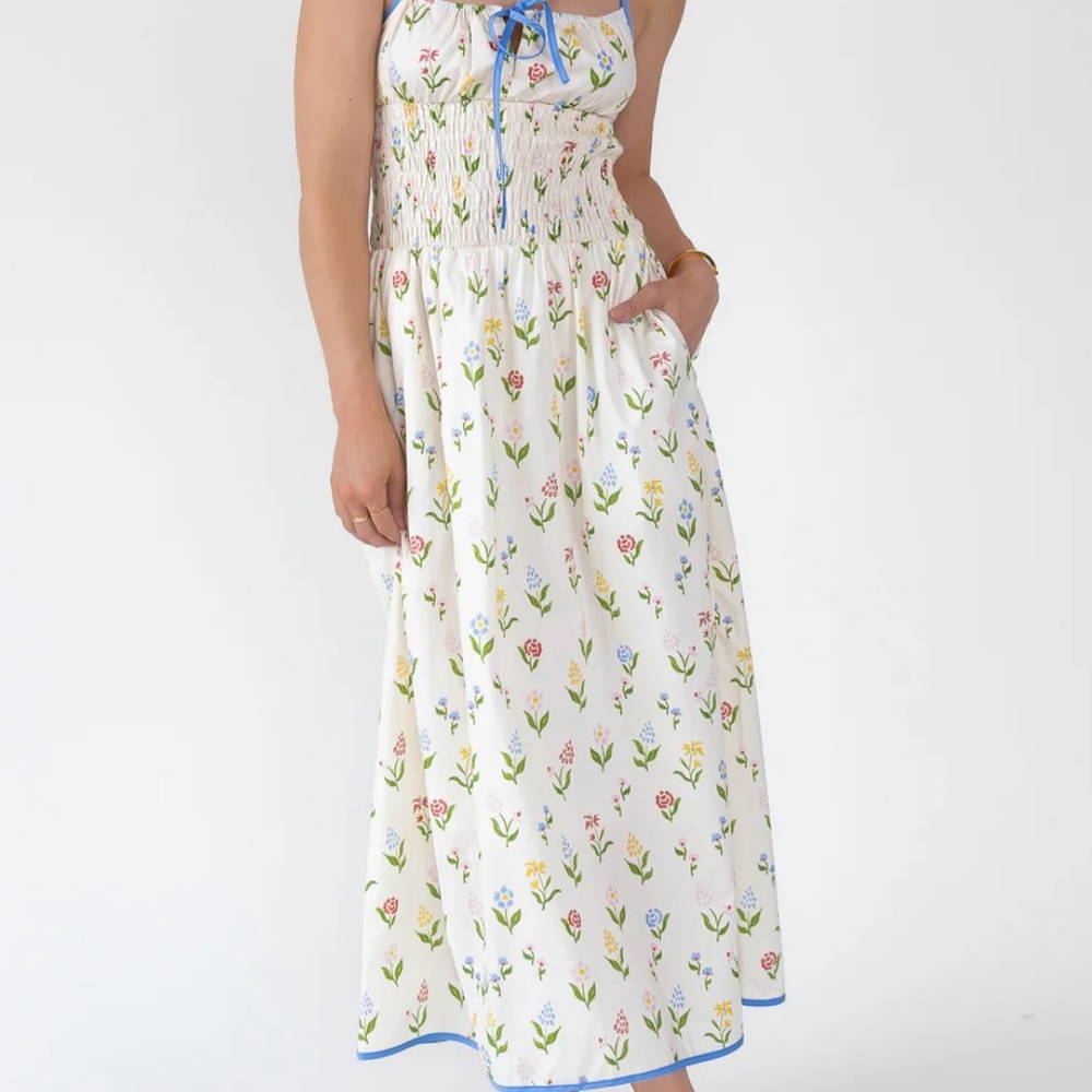 AUREUM White Floral Maxi Dress with Blue Trim